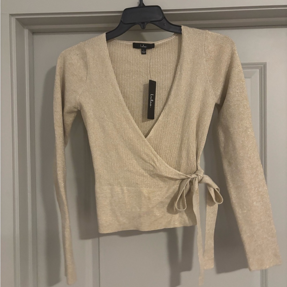 Lulu's Beige V-Neck Wrap Sweater